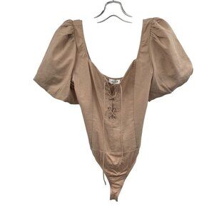 ACOA Womens Short Puff Sleeve Bodysuit Lace Up Neck Tan Size Medium New